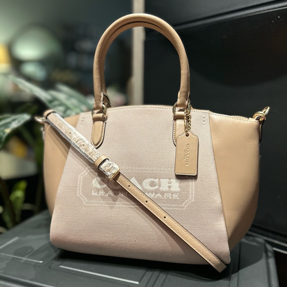 COACH Badge Jacquard Elise Satchel w/ Convertible Shoulder Or Crossbody Straps.